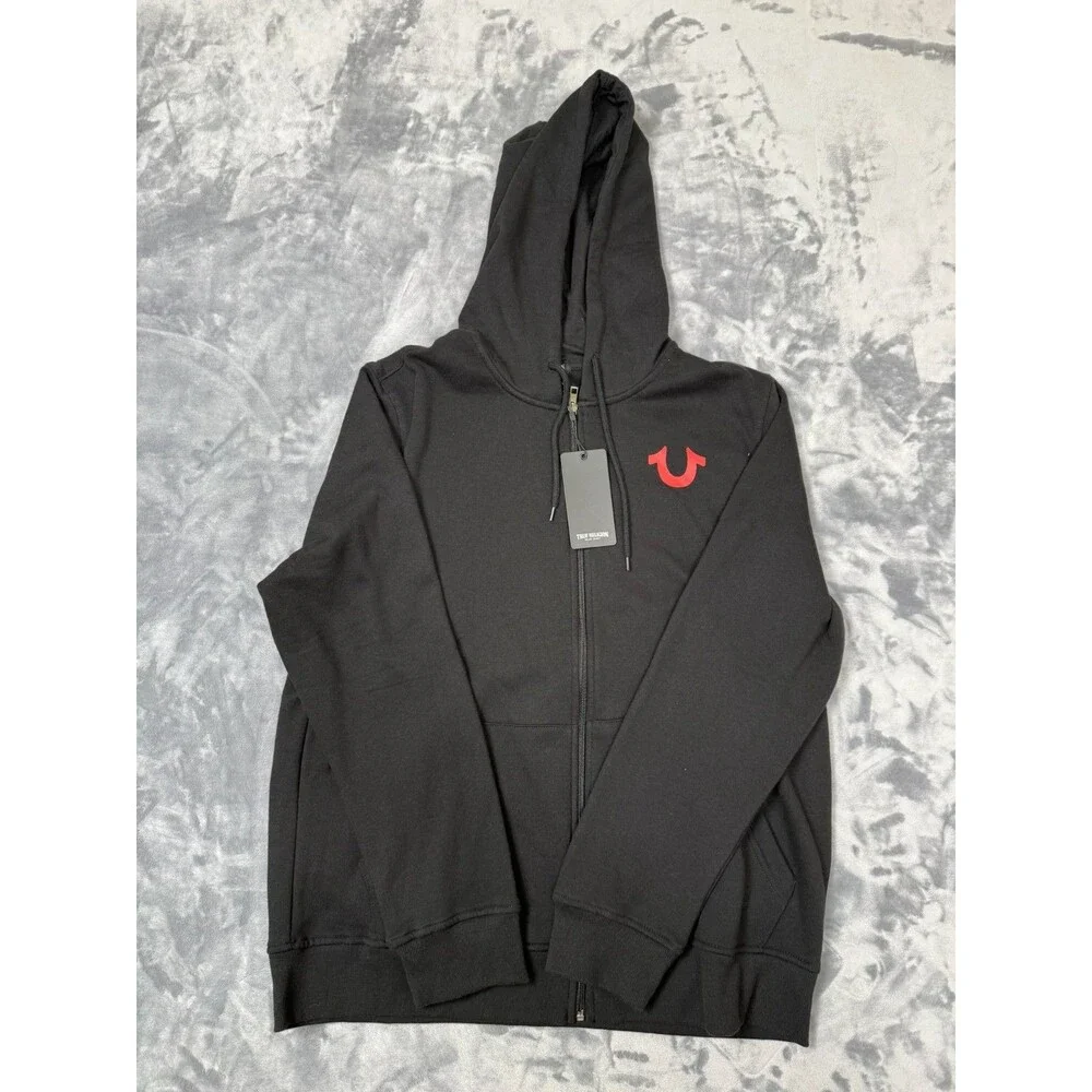 True Religion Jet Black Big U Silicone Zip Hoodie Extra Large Full Zip Mens NWT